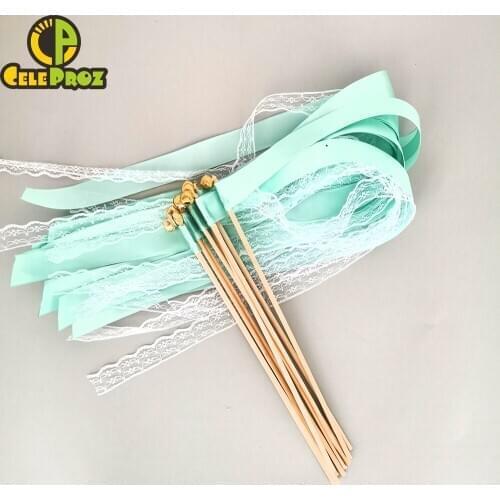 50Pcs Tiffany Blue Pink Ribbon Wands Wedding Twirling Ribbon Streamers Stick With Bell Wedding Birthday Cheerling Props Supply