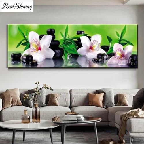 White Orchids Flower Bamboo Stones Diamond Painting large 5d Diamond Embroidery Full Square Round Drill Cross Stitch Beaded T235