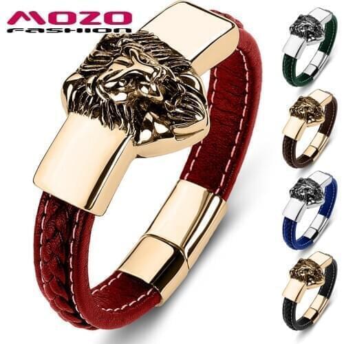 MOZO FASHION Stainless Steel Charm Magnetic Multi Color Unisex Lion Bracelet Genuine Leather Braided Trendy Jewelry Gifts 060