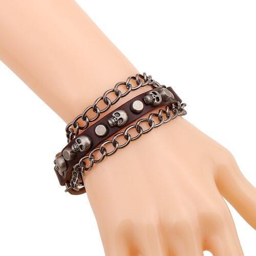 Punk Bracelets Skull Chain Genuine Leather Brown Wrap Bracelets For Men Women New Arrival
