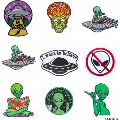 Alien UFO Patch Iron on Patches For Clothing Prohibit Alien Patch Embroidered Sewing Applique Accessories Decor Fusible Sewing