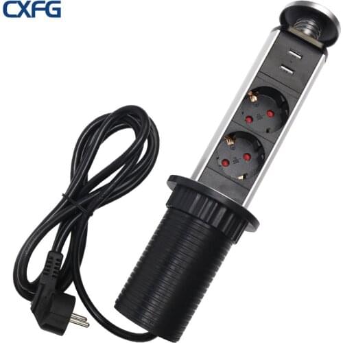 CXFG Usb Retractable Socket Office Desktop Hidden Socket Vertical 2-Hole With 2-Port Usb Charging Eu Standard Electric Socket