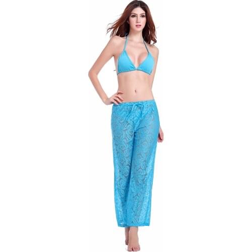 Long Pant Beachwear Female Favorite Loose Style 2021 Floral Pattern Beach Cover Ups Drawstring Sexy Transparent Casual Lace