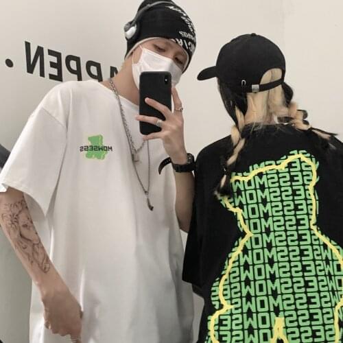 Harajuku Women Man Personality Loose T Shirt 2021 Summer Couple O Neck Bear Letter Print Black White Tshirt Street Cotton Top