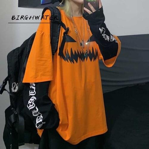 Harajuku pumpkin Print letter T shirt Fake 2 Pieces Patchwork Casual Long Sleeve T-shirt Women And Men Streetwear Tops