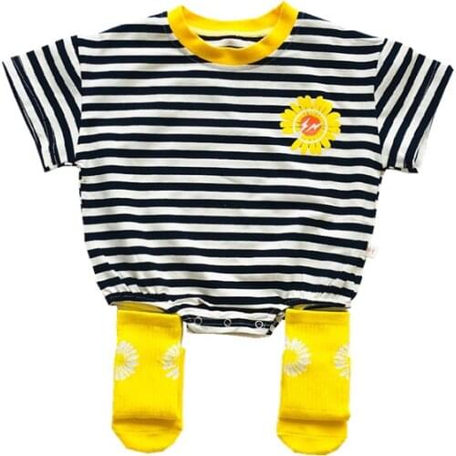 Baby Girls Rompers Summer Striped Short Sleeve Triangle Onesies Outfit Fashion Yellow Daisy Costume with Socks Baby Set
