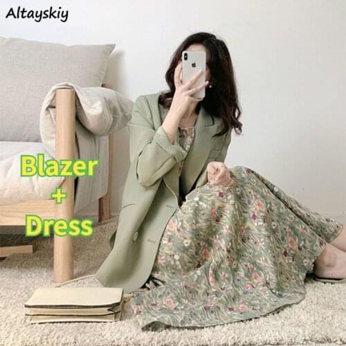 Dress Sets Women Elegant Oversized Spring Ins Blazer Casual All-match Outfits Print Ulzzang Lovely Girl 2 Piece Design Vintage
