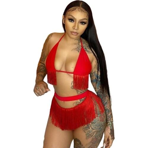 Red Bikini Set Bathing Suits Woman 2021 Fashion Sleeveless Halter Neck Sexy Backless Crop Top Banage Up Tassel Triangl Bikini