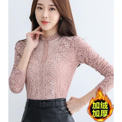 Lace Bottoms Women Blouse Shirt Floral Blusa Long Sleeve Spring Winter Velvet Autumn Women Ruffles Neck Lace Top Pullovers Tops