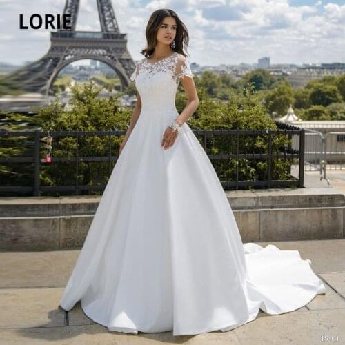 LORIE Country Wedding Dresses for Bride A-line Satin O-Neck Boho Bridal Gowns Lace Appliques Short Sleeve Marriage Dresses 2021