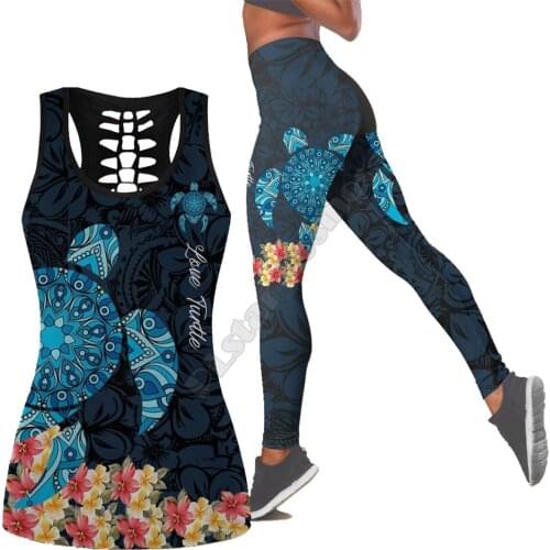Sea turtle Polynesian 3D Printed Hollow Out Tank Legging Suit sexy Yoga Fitness Soft Legging Summer Women For Girl 18