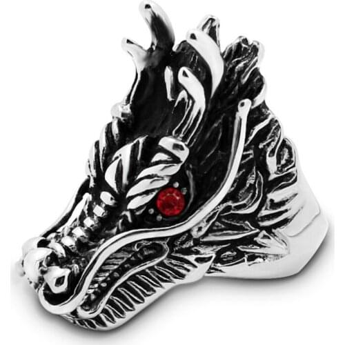 Red Stone New 2019 Fashion Male ring Jewelry 316L Stainless steel Dragon Rings Punk Rings Men biker Silver ring Wholesale