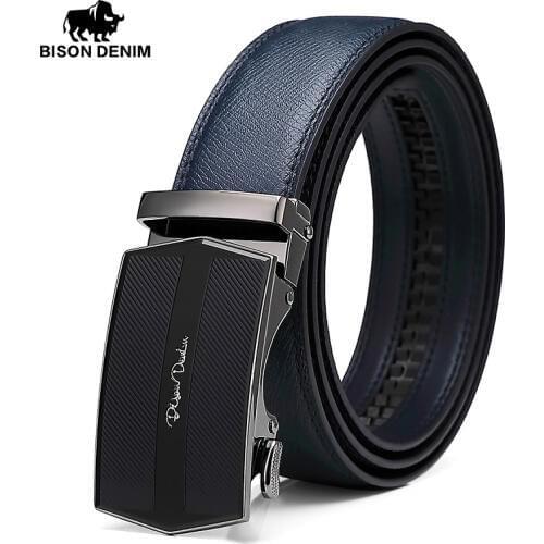 BISON DENIM Genuine Leather Men Belt Alloy Automatic Buckle Luxury First-Layer Cowskin Leahter Blue Strap Belt for Male N71511