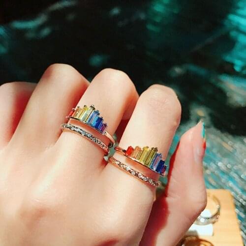 Fashion Boho Lovely Rainbow Heart Open Rings Engagement Zircon Vintage Crown LGBT Wedding Adjustable Finger Ring For Girls Gifts