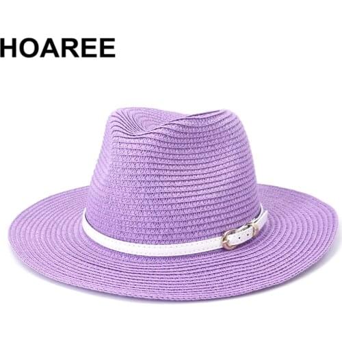 HOAREE Purple Panama Hat Straw Men Women Hat Summer Cap Belt Decorate Sunhat Chapeau Sun Protect Sombrero