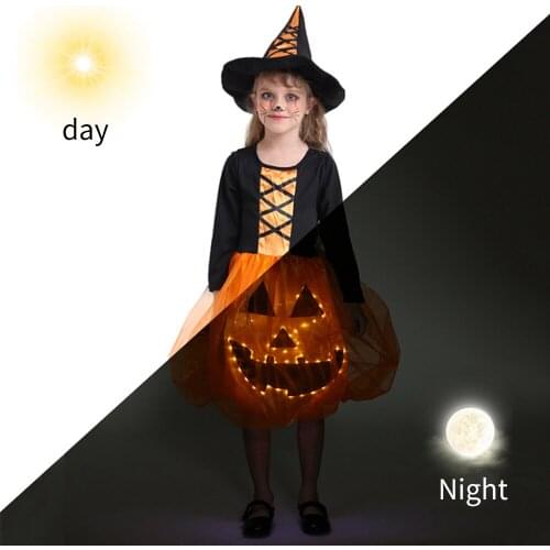 Halloween Girls Pumpkin Dress Lovely Shining LED Witch Skirt Party Costumes School Season Luminous Childern Halloween Dresses