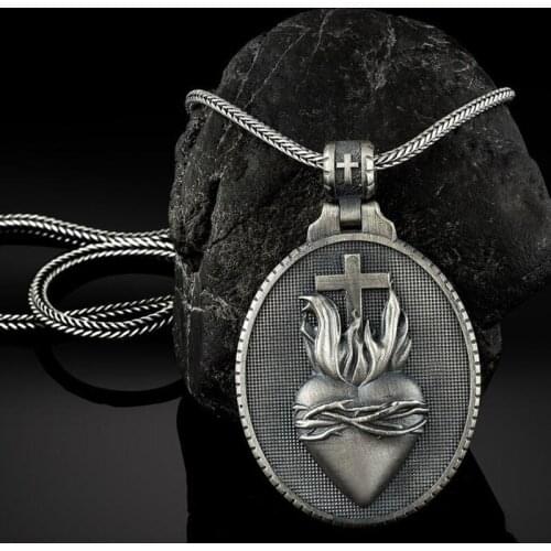 Religious necklaces Jewelry on the neck Christian Jesus Sacred Heart Cross Pendant Necklace for man Catholic Mens chain tag