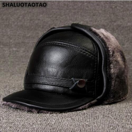 SHALUOTAOTAO Dads Hat Thicken Thermal Genuine Leather Hat Fashion Cowhide Warm Bomber Hats Earmuffs Velvet Windproof Winter Cap