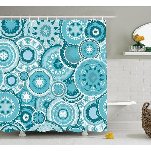 Aqua Shower Curtain Tribal Hippie Ethnic Floral Leaves Mandala Rounds Traditional Elements Print Fabric Bathroom Decor