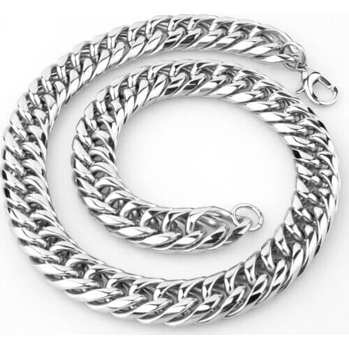 Tiasri 20mm Heavy Cuban Man Miami Necklace Bracelet High Quality Stainless Steel Jewelry Punk Fashion Choker Link Chain Gift