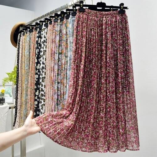 High Waist Casual Midi Skirt Women Clothes Summer Skirts Womens 2021 New Vintage Floral Print Chiffon Pleated Skirt Elastic