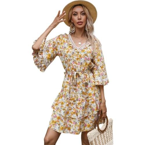 YYCZF Dresses Women Summer 2021 Casual Holiday Trumpet Sleeve V Neck High Waist Loose Print Stitch Lace Falbala Dress Vestido