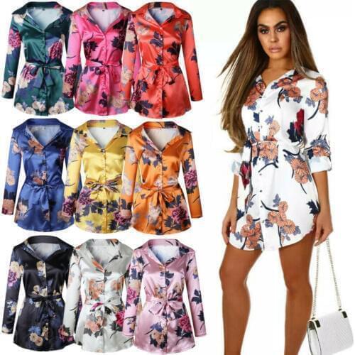 Women Floral Satin Silk Long Sleeve Ladies T Shirt Tops Loose Short Mini Dress Summer Beach Dress