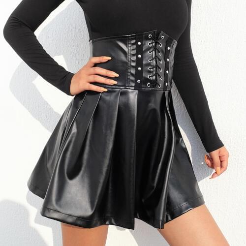 Women Black Pleated Skirt PU Leather Skater PVC High Waist Bandage Cross Lace Up Party Club Steam Punk Gothic Harajuku Vintage