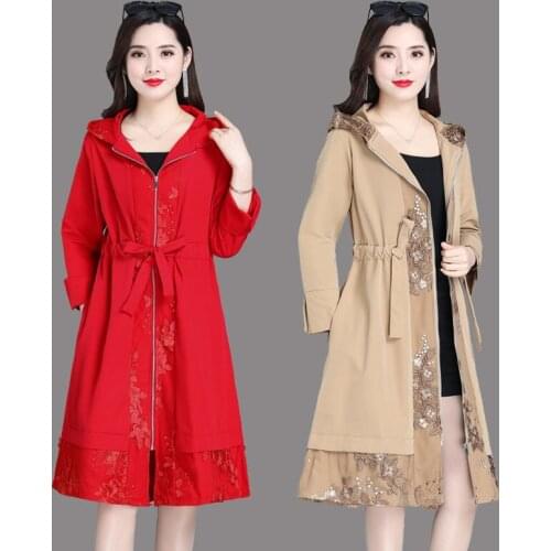 Womens Windbreaker Jackets Mid-length 2021 New Spring Autumn Loose Waist Hooded Thin Outerwear Female Casual Plus Size 5XL