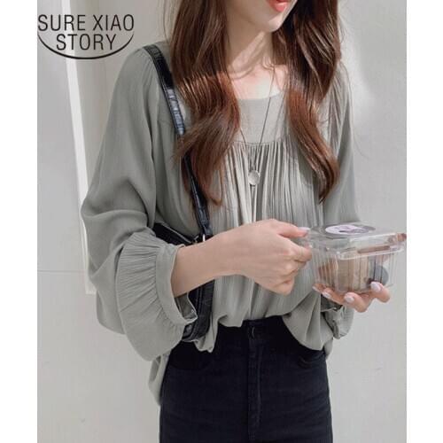 Women Tops Square Collar Blouses Clothes 2020 Autumn New Long Sleeve Loose Shirt Women Chiffon Shirt Apricot Blouse Blusas 11696