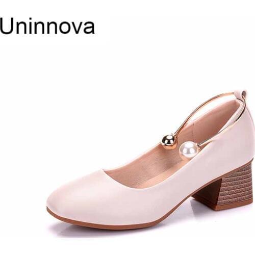 Womens Pearl Med Heels Square Toe Stable Comfortable Heel Pumps Black Ivory Orange Casual Shoes Plus Size 33-43 Uninnova WP086