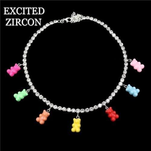 Fashion Bling Rhinestone Cute Bear Necklace Chain Women Statement Word Crystal Choker Pendant Necklace Wholesale Collar Jewelry