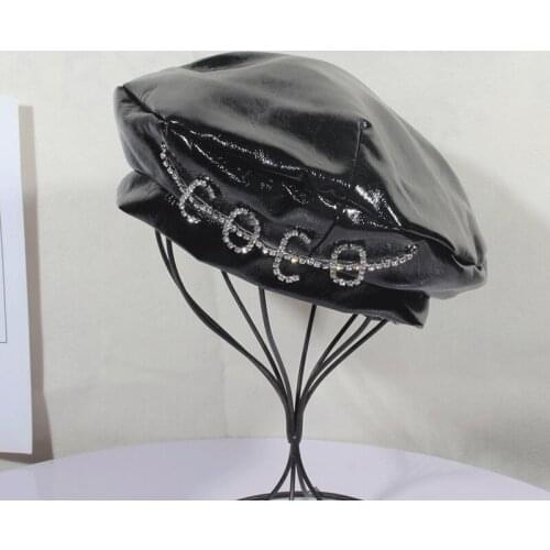 Japanese Designer Leather PU Navy Hat Women Autumn And Winter Net Red Rhinestone Beret Women Korean Octagonal Hat Women