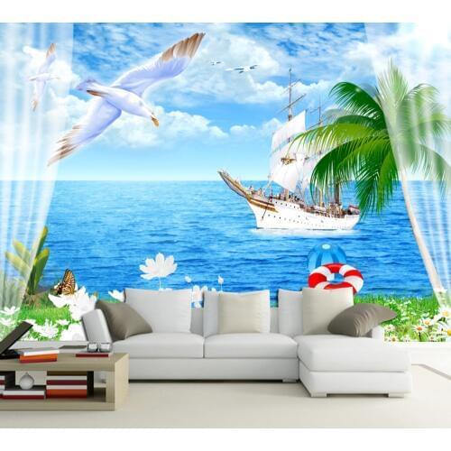 Free Shipping Custom Fresh Seascape 3D Seascape Living Room TV Sofa Background Wall Sailboat Seagull Landscape Photo Wallpaper