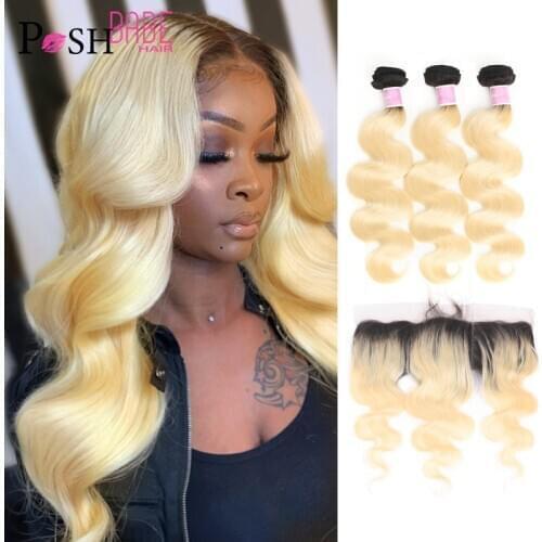 Brazilian Body Wave Two Tone Ombre Blonde Human Hair 3 Bundles with 13x4 Lace Frontal Closure 1B 613 Color Bundles with Closure