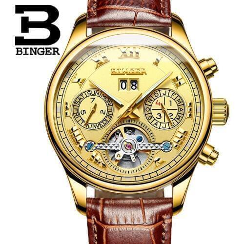 Switzerland Skeleton Automatic Watches Men mechanical Watch BINGER Multifunction Military Leather Clock relogio masculino 2019