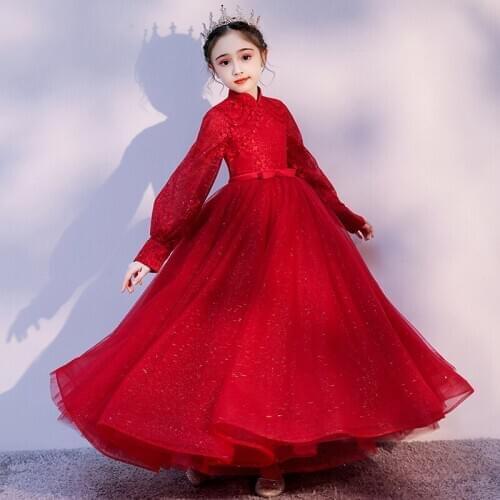 Flower Girl Dresses Illusion Embroidery Sequined Beading Princess Full Luxury Floor-Length Tulle Lace High Kids Party Gown H218