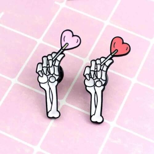 Halloween Skeleton Hand Cute Lollipop Heart We Eat Sweet Heart Gothic Vampire Couple of Friends Enamel Brooches Pins