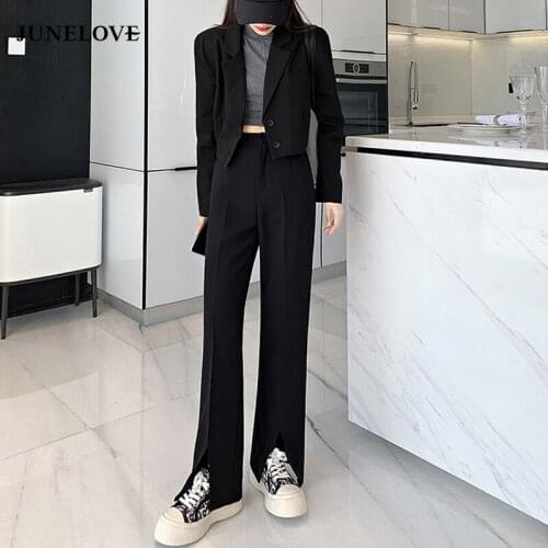 JuneLove Vintage Long Flare Pants Women Korean Streetwear Sexy High Waist Trousers Lady Casual Front Split Bell Bottom Long Pant