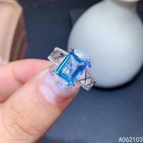 KJJEAXCMY fine jewelry 925 sterling silver inlaid natural Blue Topaz Womens men elegant square gem adjustable ring support chec