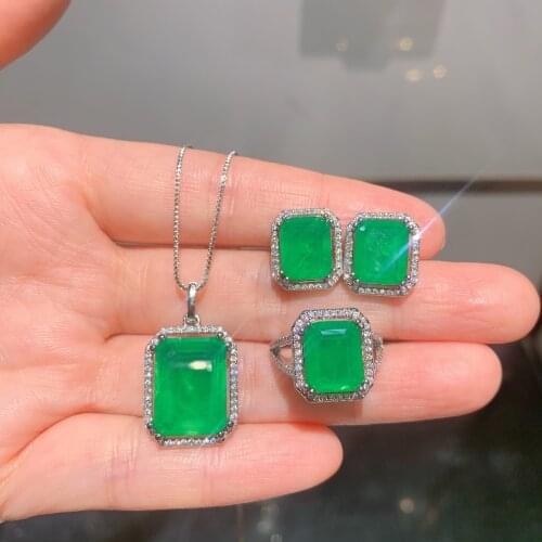 2021 Summer Color Gem Paraiba Neon Green Ring Earrings Main Stone 9*11 Pendant 12*16 Jewelry Set Womens Gift Party Holiday