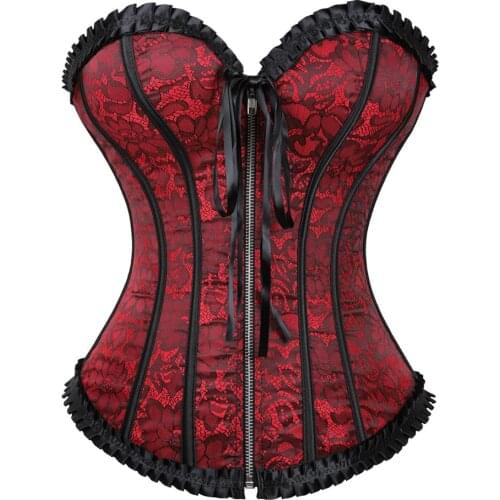 Corsets and Bustiers Women Sexy Burlesque Floral Pleated Trim Corselet Plus Size Zip Boned Vintage Carnival Party Clubwear