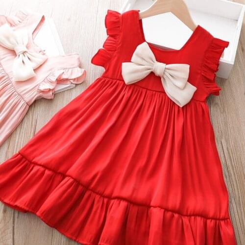 Baby girls red christmas dress summer new girl bow ruffles princess dresses wholesale kids clothing