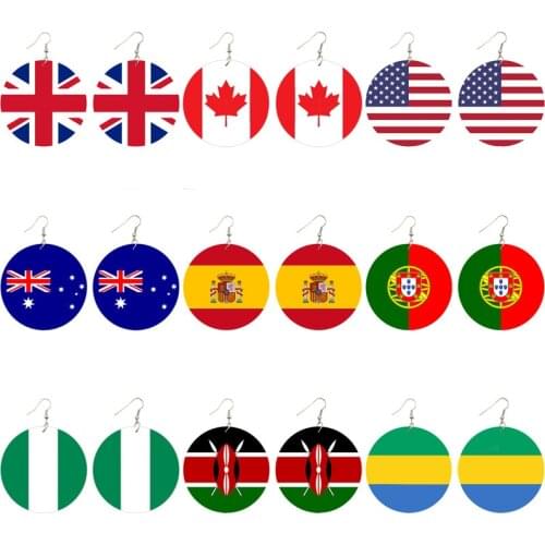 Spain France Germany National Flags Printed Round Wooden Earrings Africa America Europe Country Photos Jewelry For Women Gifts