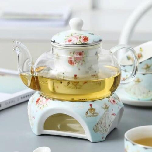 FASHION CREATIVE GLASS FLOWER TEA POT CERAMIC TEA WARMER STOVE SUIT HEAT-RESISTING GLASS TEAPOT EUROPEAN TEA SET
