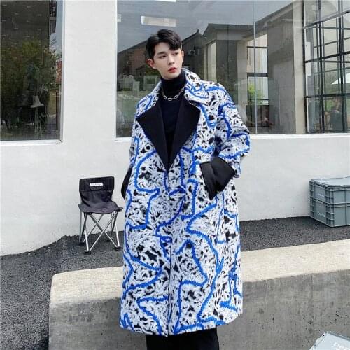 Men Embossed Wool Double Breasted Long Trench Coat Cardigan Cloak Male Streetwear Vintage Casual Jacket Outerwear