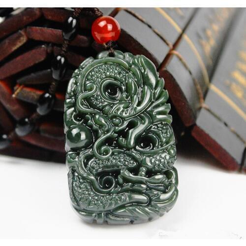 Natural Dark Green HETIAN Stone Pendant Carved Chinese Dragon Lucky Amulet Pendants Necklace Brave mens Stone Jewelry Free rope