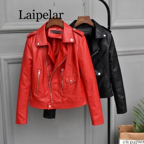Laipelar 2019 Autumn New Female Jacket Faux Soft Leather Coat Women Red/Black/Brown Short Korean PU Outwear Lady Slim Motorcycle