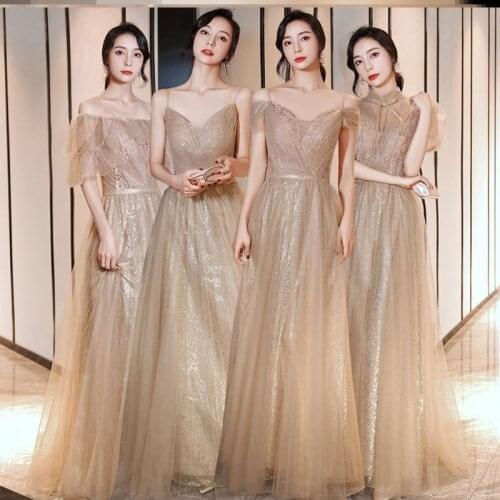 New Gold SequinedB Bridesmaid Dresses Long With Sleeves for Wedding Party Guest Party Dress Grduation Vestido de Festa Longo