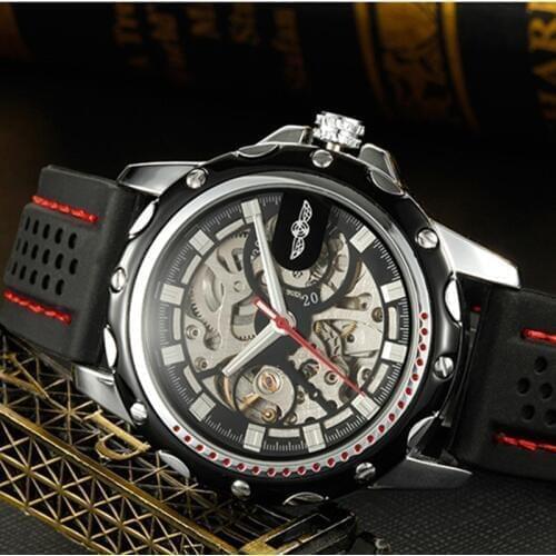 NEW WINNER Fashion Mens Silicone sports Watch Skeleton Hand-Winding Mechanical Wristwatch military clock Erkek Kol Saati